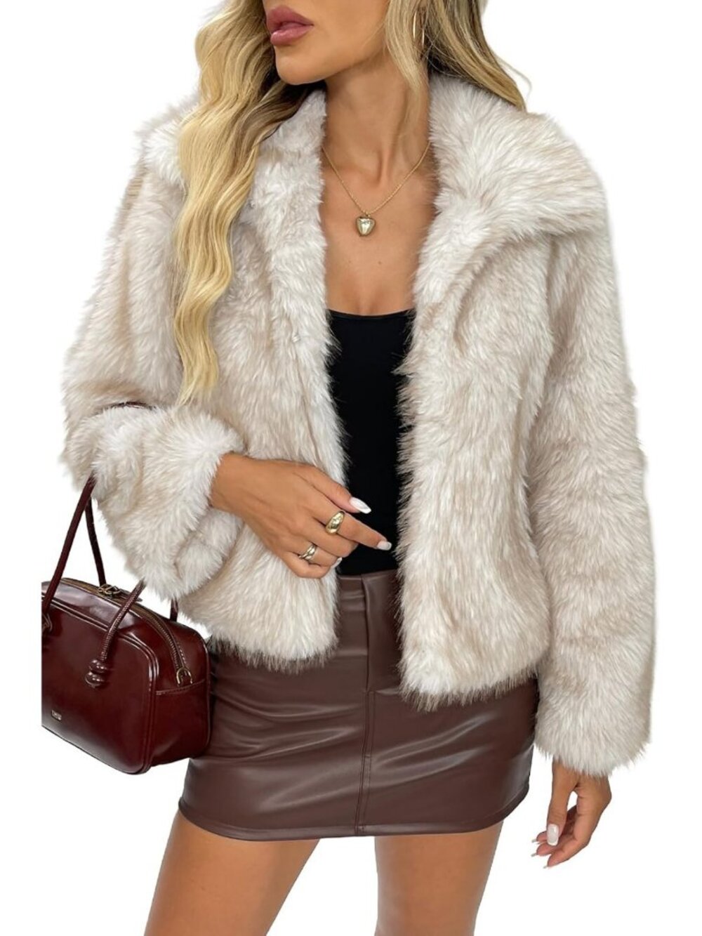 Chic Two-Tone Faux Fur Coat - Fluffy Lapel Collar Jacket for Cozy Style